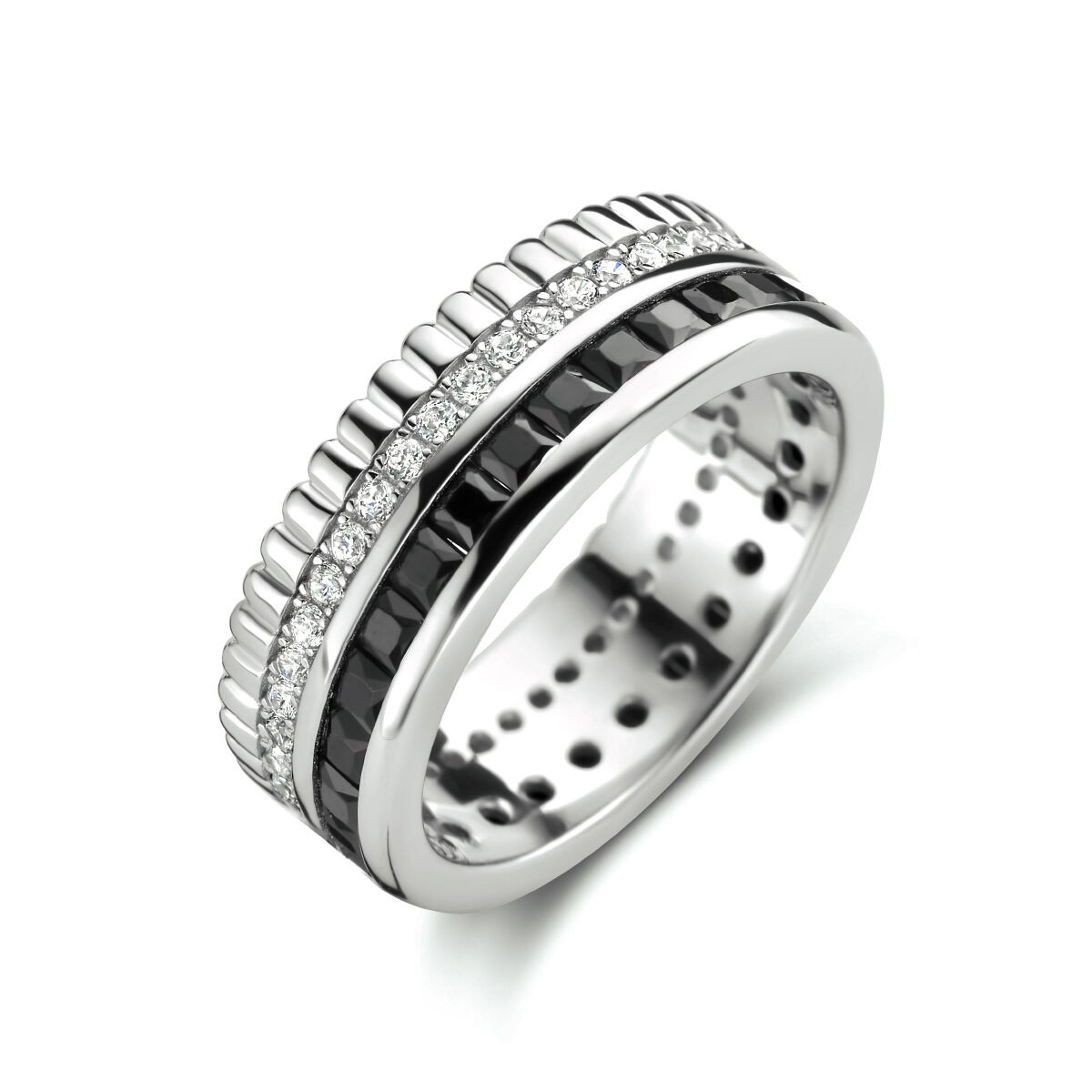 breiter Ring mit weißen und schwarzen Zirkonia